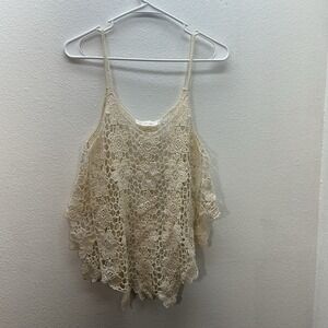 Boho Festival Crochet Tank Top Floral Hippie Fairy Beach Coverup Sheer Tan SZ M